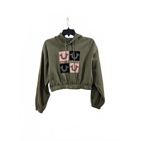 True Religion Tops - True Religion Army Green And Pink Logo Cropped Hoodie Sweatshirt- Size Small